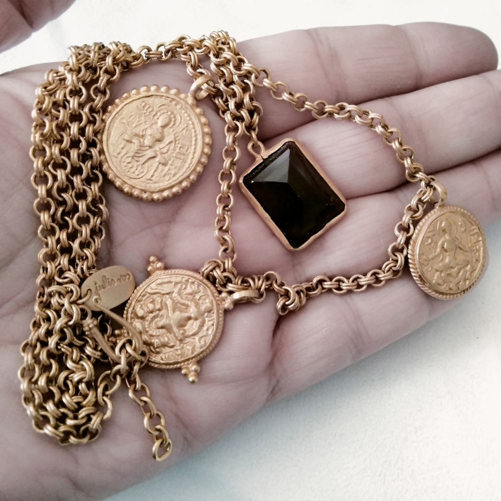 Julie Vos Dual Layered 24k Gold Plated Gold Medallion and Smokey Quartz Necklace - Picture 7 of 11